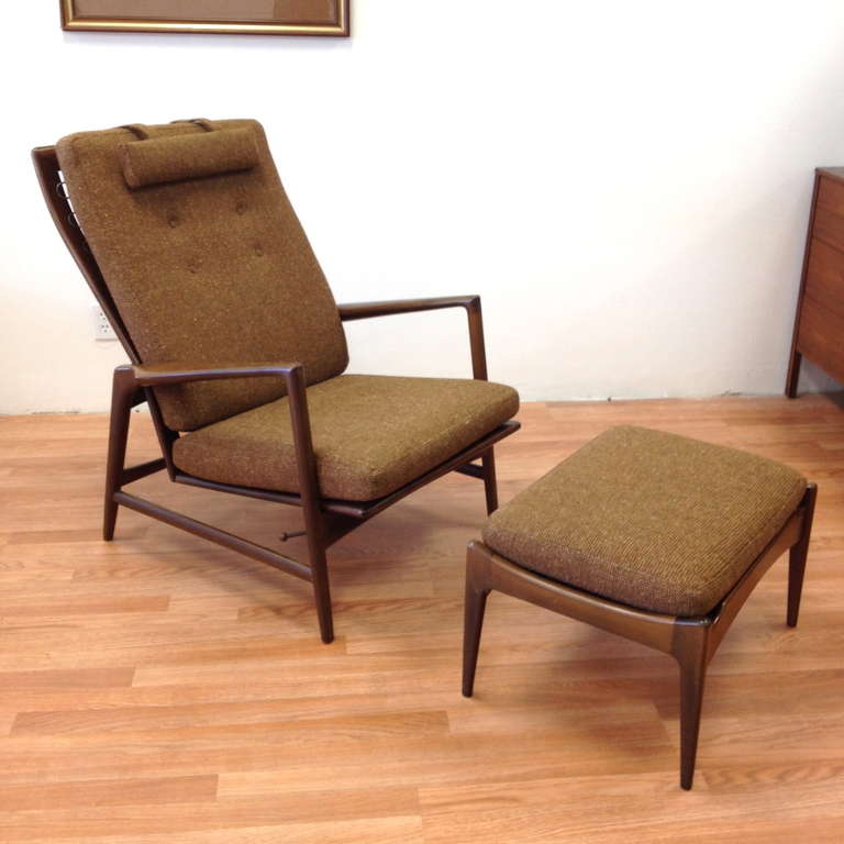Ib Kofod Larsen Adjustable Lounge Chair and Ottoman for Selig.  Excellent vintage condition.  Exceptionally comfortable.  Chair reclines to 3 positions