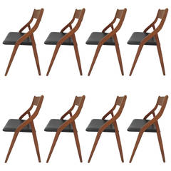 Sculptural Set of Eight Danish Modern Teak Folding Dining Chairs by Dyrlund