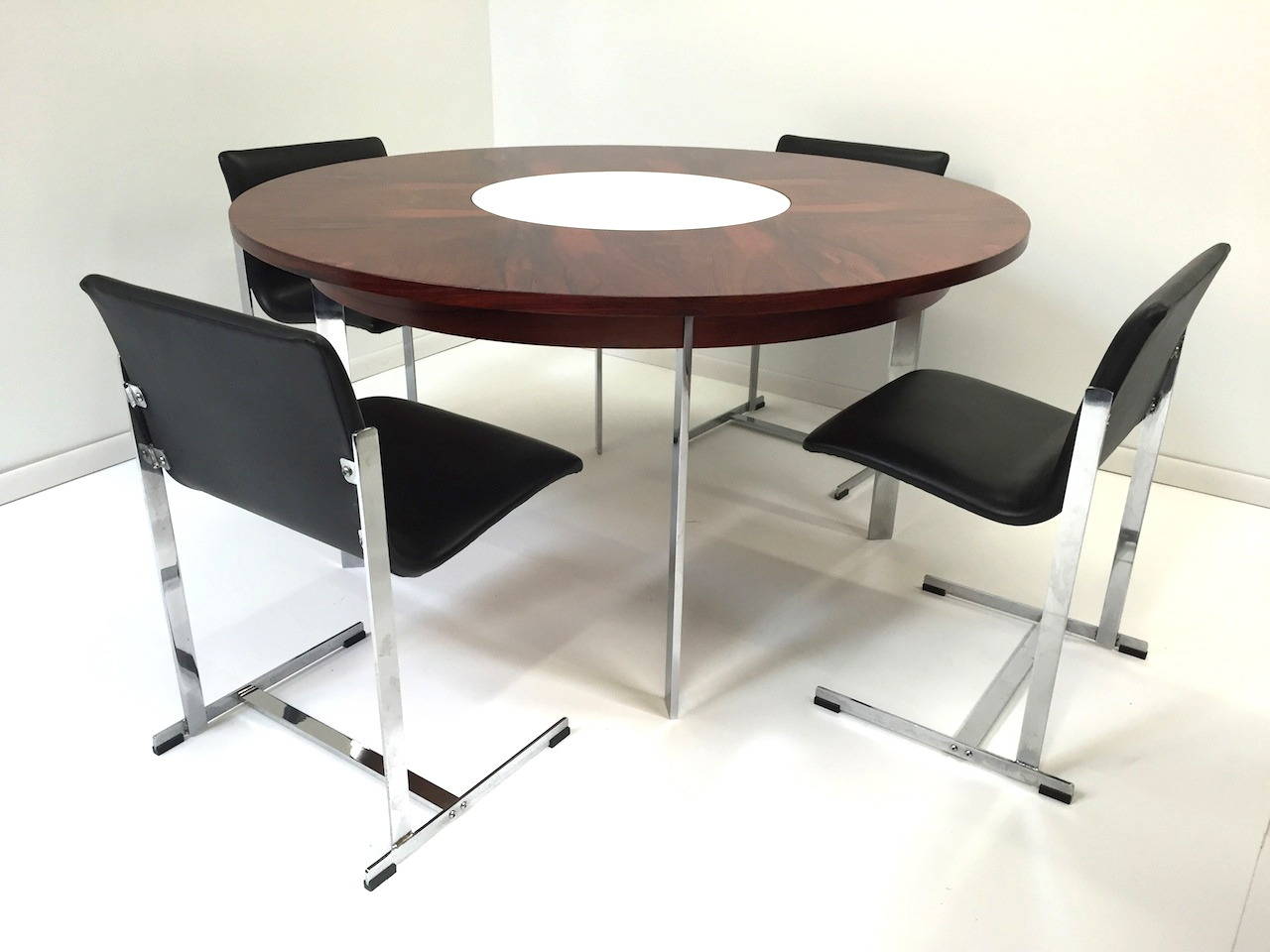 English Merrow Associates Lazy Susan Dining Table, Four Cantilevered Chrome Chairs