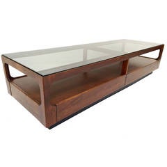 Brown Saltman Walnut and Smoked Glass Coffee Table with Storage by John Keal