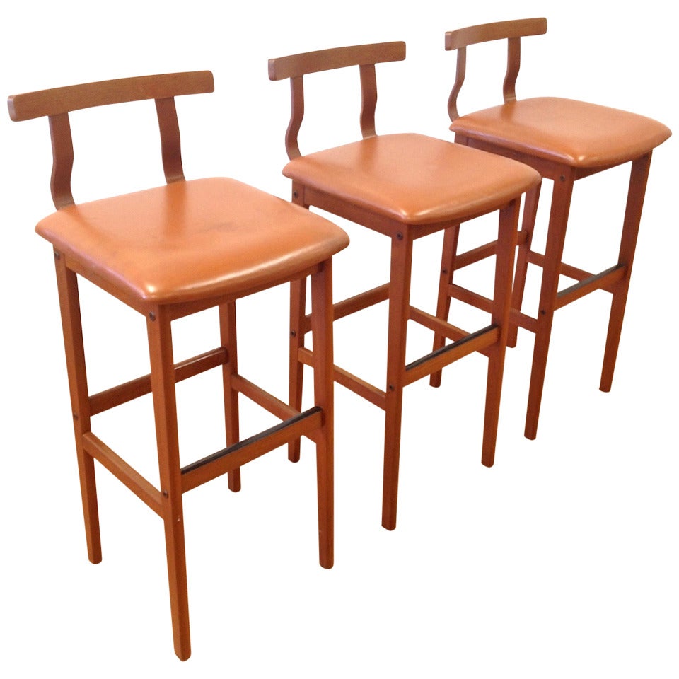 Set of Three Danish Modern Teak Barstools Made in Denmark by KS