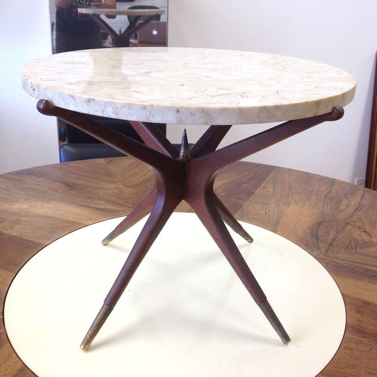 Italian Sculptural Walnut and Marble Table with Fine Brass Accents