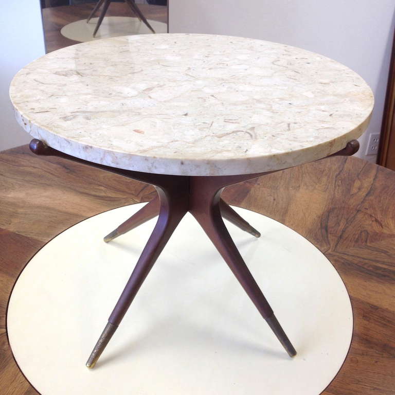 Sculptural Walnut and Marble Table with Fine Brass Accents In Excellent Condition In Long Beach, CA