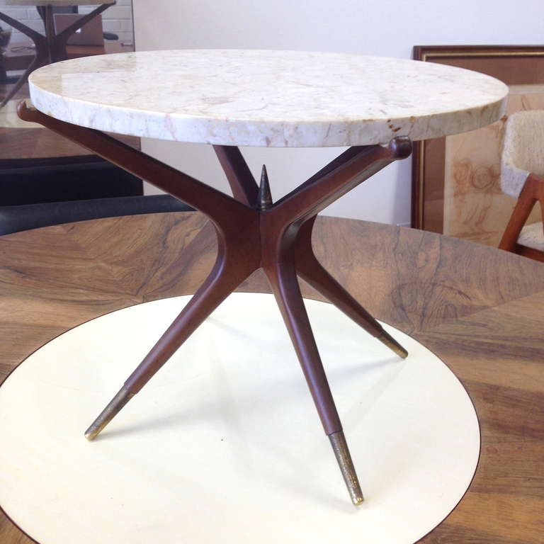 Sculptural Walnut and marble table with Fine Brass Accents