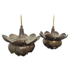 Pair of Vintage Brass Lotus Pendant Lights by Feldman