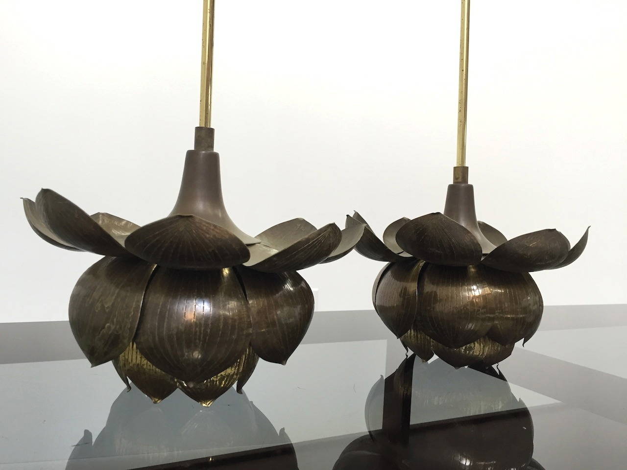 American Pair of Vintage Brass Lotus Pendant Lights by Feldman