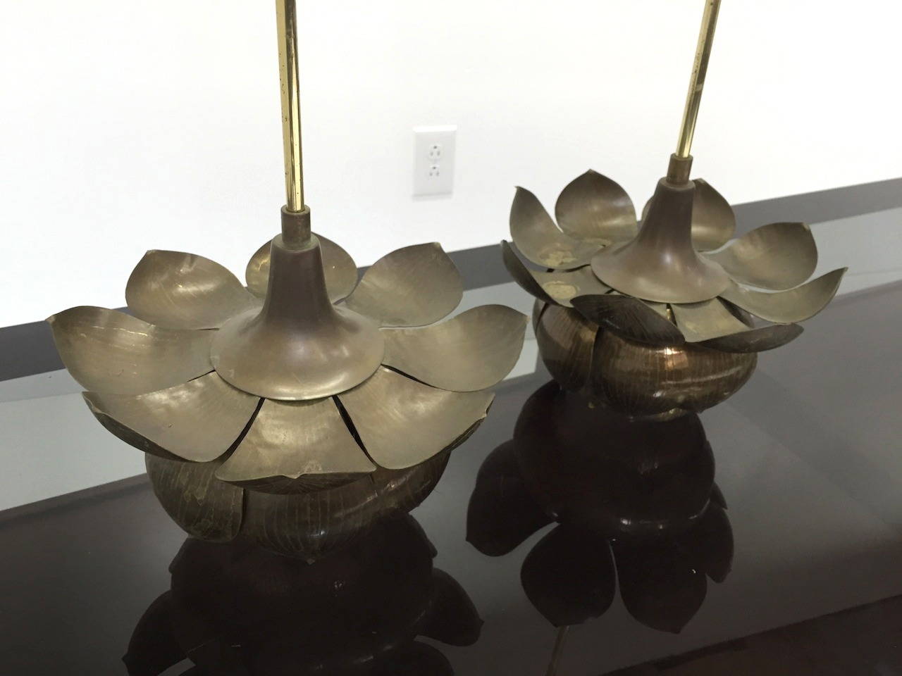 Mid-20th Century Pair of Vintage Brass Lotus Pendant Lights by Feldman