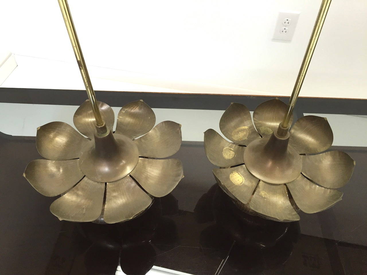 Pair of Vintage Brass Lotus Pendant Lights by Feldman 5