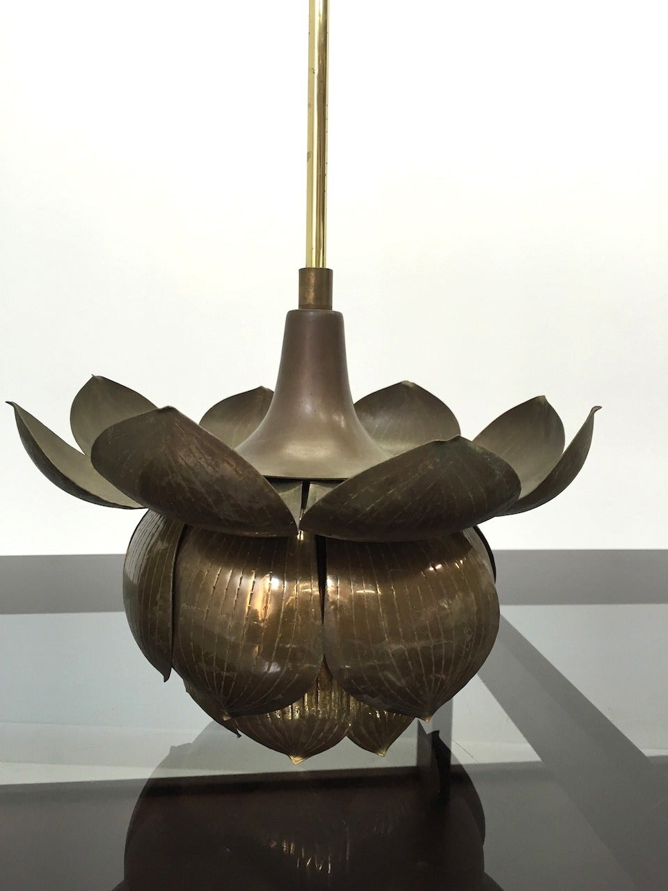 Pair of Vintage Brass Lotus Pendant Lights by Feldman 2