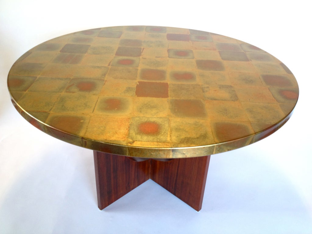 Mid-20th Century Sculptural Gold Foil Top Dining or Foyer Table on Walnut Base