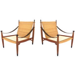 Exceptional Pair of Safari Style Lounge Chairs with Wickers Seats