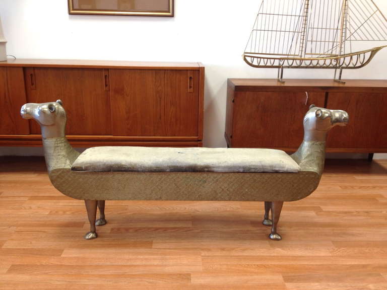 Unique Vintage 2 Headed Bench with Storage.  Good original condition.  Original upholstery shows age and should be recovered to match your decor.  Sold in as found condition.
