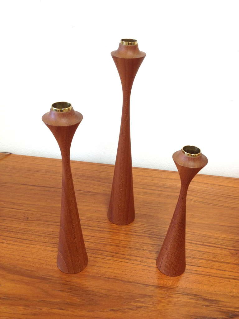 Set of Three Sculptural Danish Modern Teak Candlesticks by Stylecraft.  Candlesticks measure 12