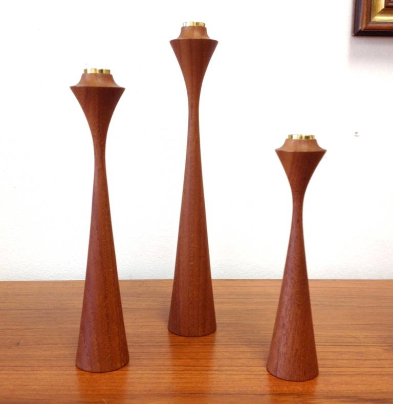 Set of Three Sculptural Danish Modern Teak Candlesticks by Stylecraft In Excellent Condition In Long Beach, CA