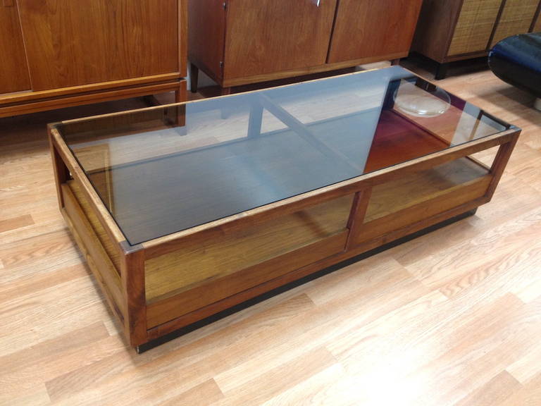 American Danish Modern Walnut and Smoked Glass Coffee Table with Storage by Glenn