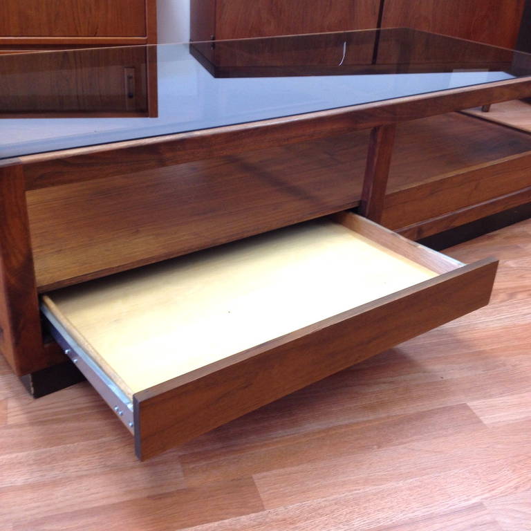 Mid-20th Century Danish Modern Walnut and Smoked Glass Coffee Table with Storage by Glenn