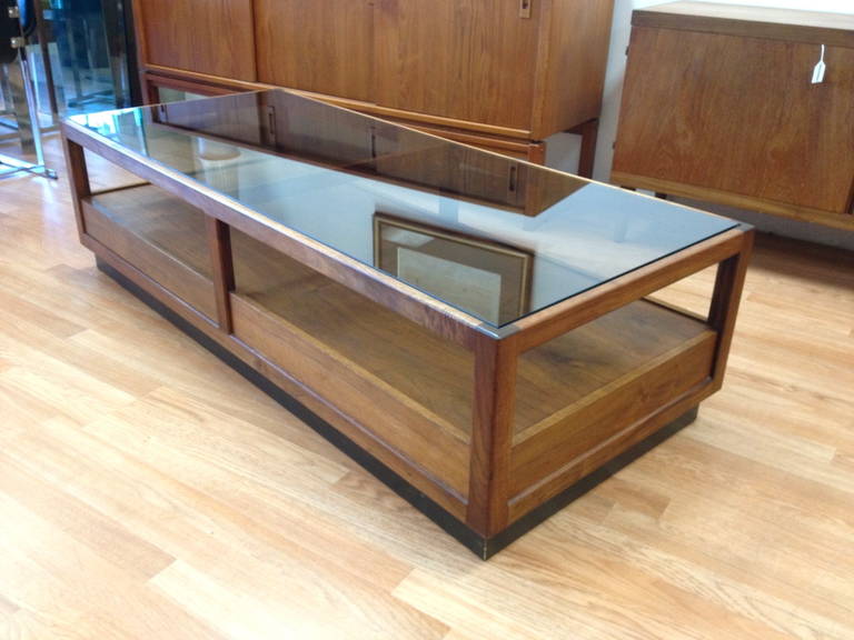 Danish Modern Walnut and Smoked Glass Coffee Table with Storage by Glenn 1