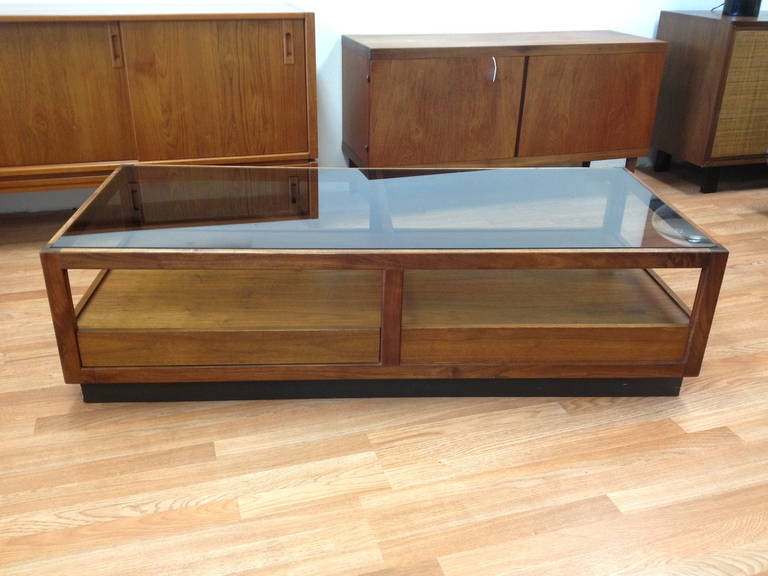 Danish Modern Walnut and Smoked Glass Coffee Table with Storage by Glenn 3