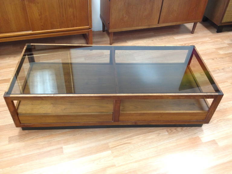 Danish Modern Walnut and Smoked Glass Coffee Table with Storage by Glenn 4