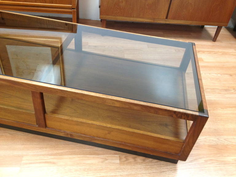 Danish Modern Walnut and Smoked Glass Coffee Table with Storage by Glenn 5