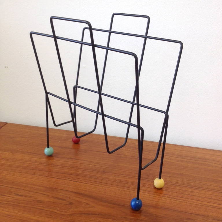 Mid-20th Century Midcentury Iron Record Holder with Colorful Ball Feet