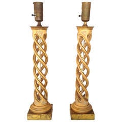 Pair of James Mont Gilded Wood Spiral Helix Table Lamps
