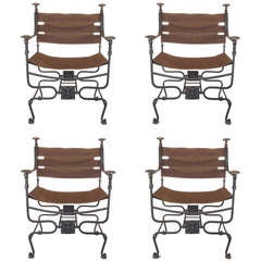 Set of 4 Iron and Canvas Campaign Style Dining / Accent Chairs