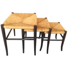 Set of 3 Italian Robsjohn Gibbings Style Nesting Rush Seat Stools