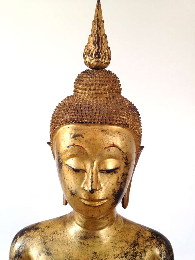 Monumental 65" 19thC Temple Size Thai Gilt Lacquer Bronze Buddha In Abhaya Mudra