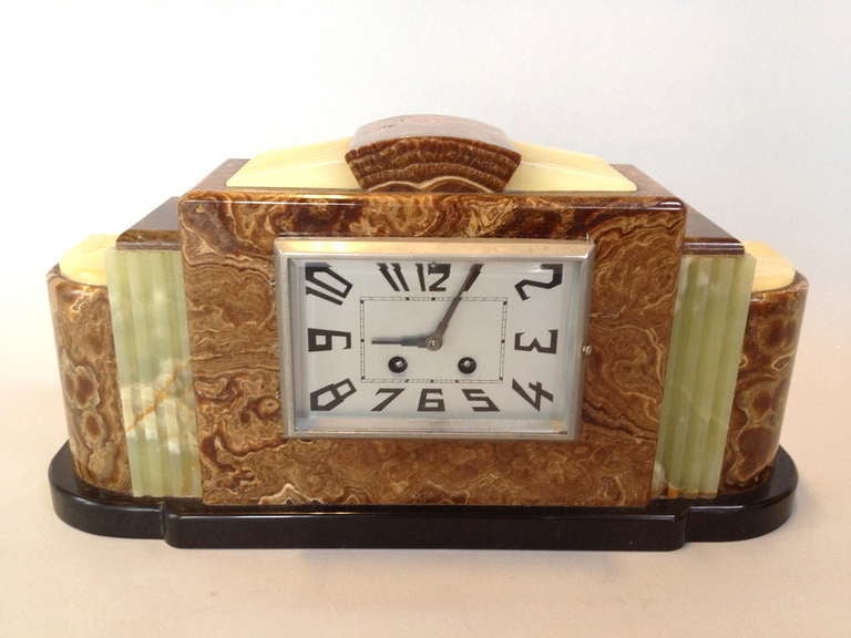 French Art Deco 3 Piece Mantel Clock Set w/ Japy Freres Movement.  Clock is untested and is missing bell and pendulum. Selling in as found condition for restoration.  Measurements are for clock only.  Accompanying pieces each measure 6