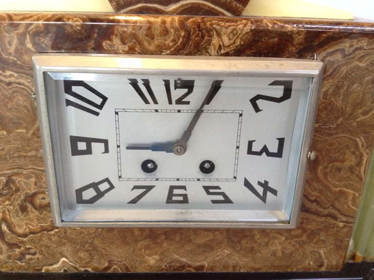 French Art Deco 3 Piece Mantel Clock Set w/ Japy Freres Movement In Good Condition In Long Beach, CA