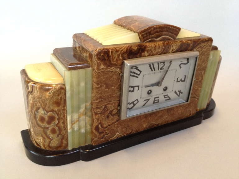 Onyx French Art Deco 3 Piece Mantel Clock Set w/ Japy Freres Movement