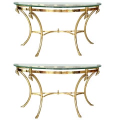 Pair of Sculptural Italian Brass Swan Demi Lune Console Tables