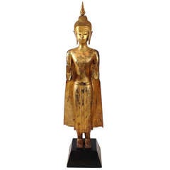 Monumental 65" 19thC Temple Size Thai Gilt Lacquer Bronze Buddha In Abhaya Mudra
