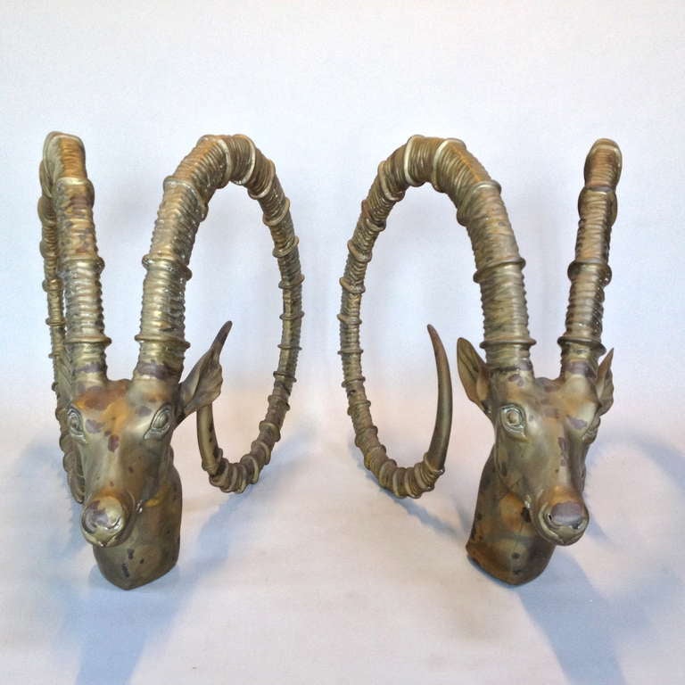 Exceptional Pair of Brass Rams Head Gazelle Ibex Dining Table Bases In Good Condition In Long Beach, CA
