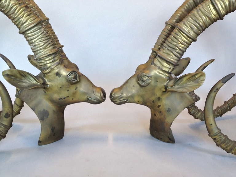 Late 20th Century Exceptional Pair of Brass Rams Head Gazelle Ibex Dining Table Bases