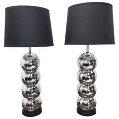 Vintage Pair of Chrome Stacked Ball Table Lamps by George Kovacs