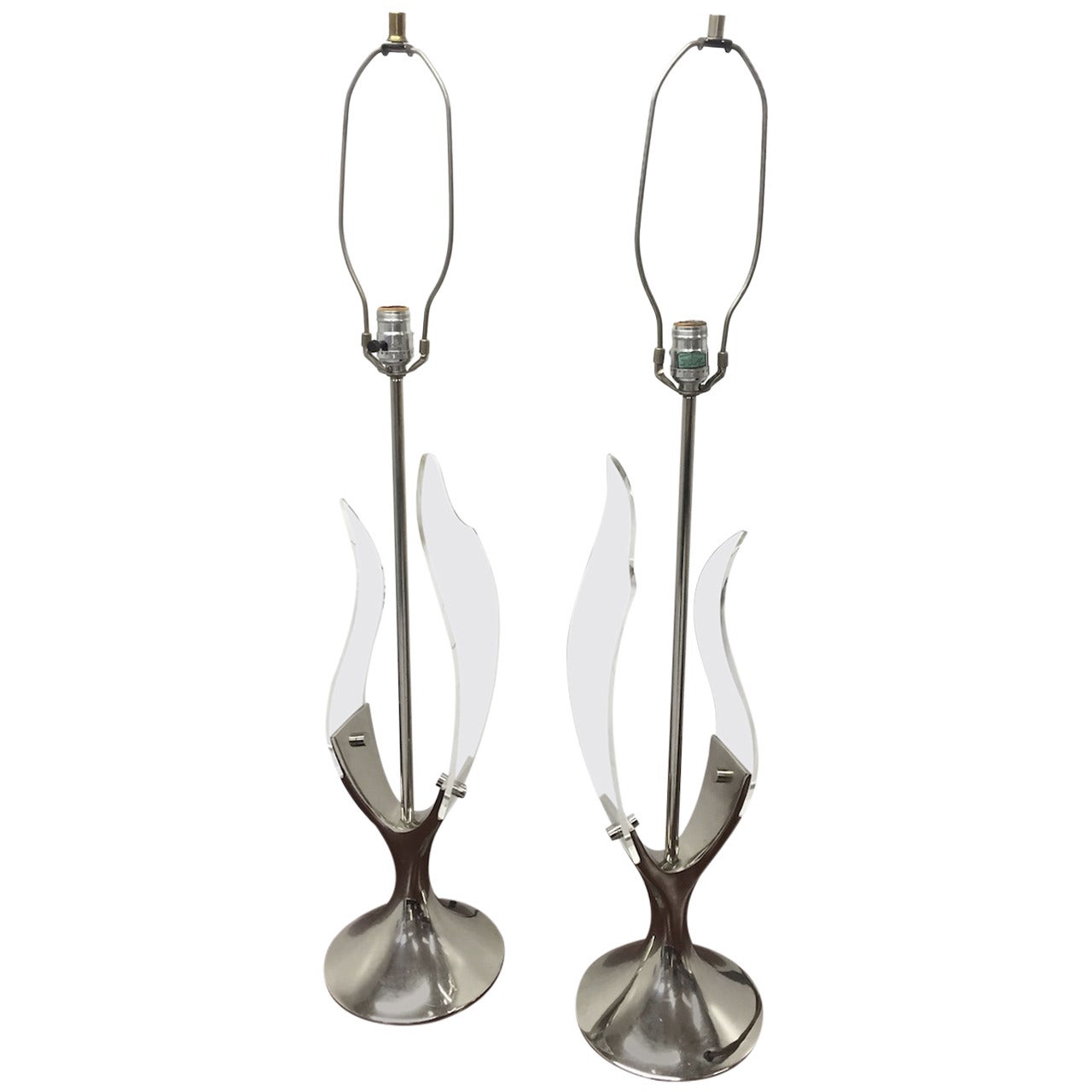 Exceptional Pair of Chrome and Lucite Table Lamps by Laurel Lamp Co. For Sale