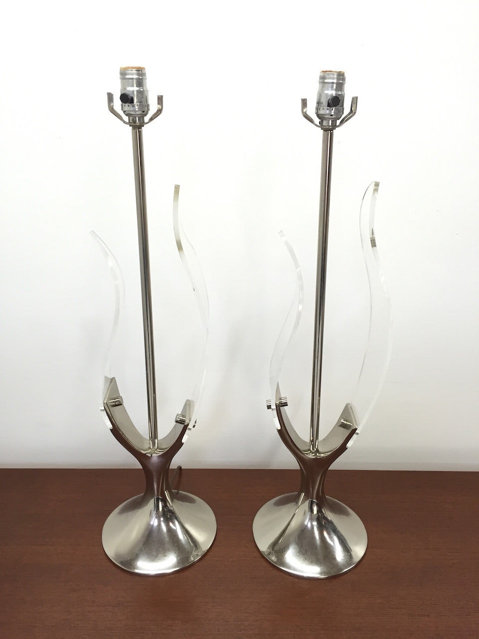 American Exceptional Pair of Chrome and Lucite Table Lamps by Laurel Lamp Co. For Sale