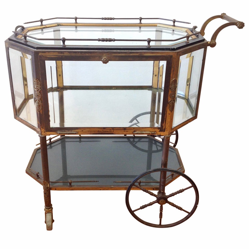 French Brass and Glass Vitrine Serving Cart, circa 1940s