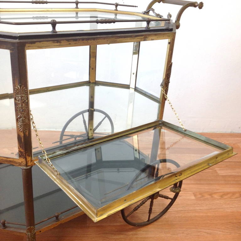 French Brass and Glass Vitrine Serving Cart, circa 1940s 2