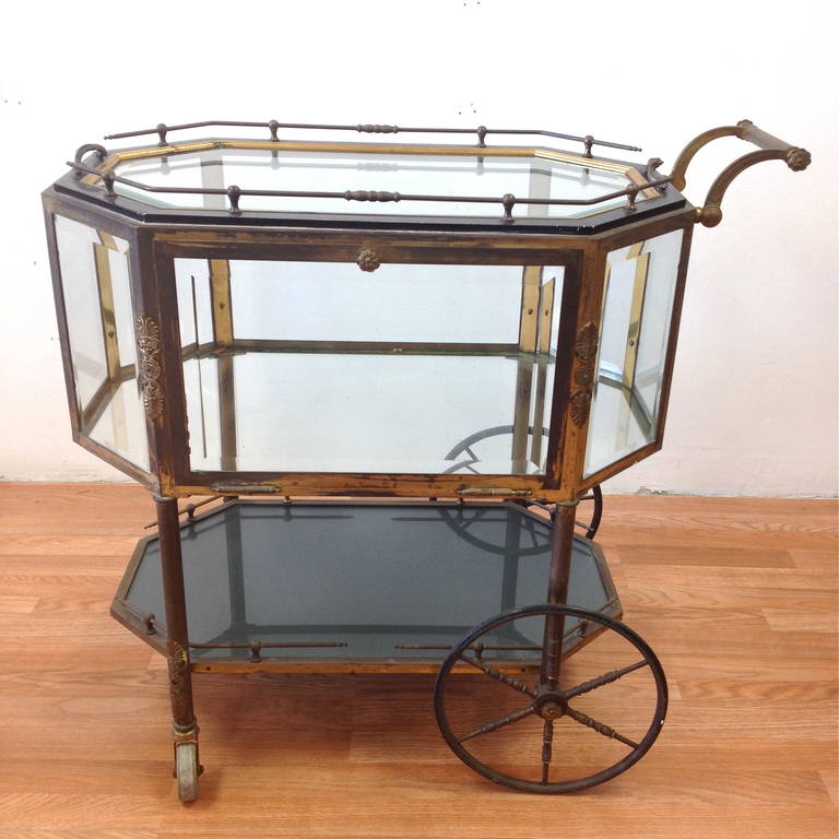 Mid-20th Century French Brass and Glass Vitrine Serving Cart, circa 1940s