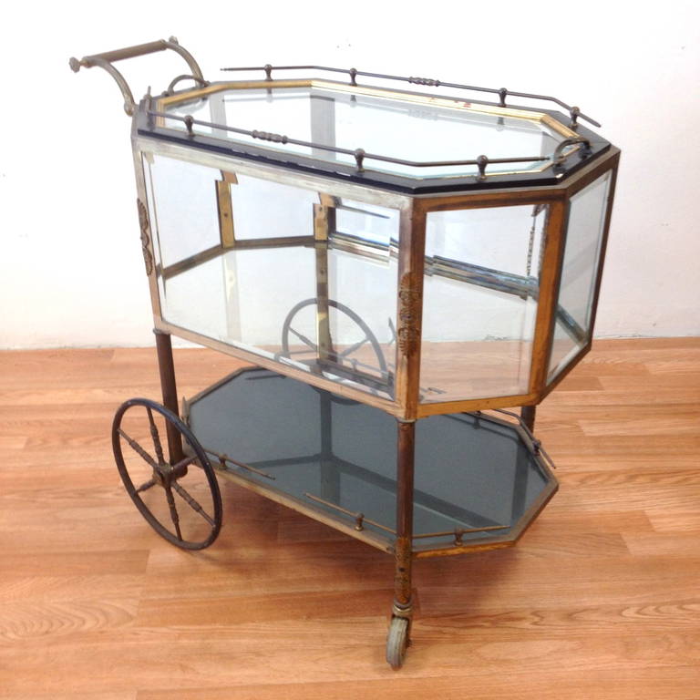 French Brass and Glass Vitrine Serving Cart circa 1940s