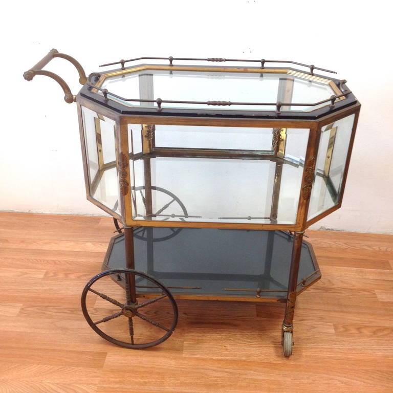 French Brass and Glass Vitrine Serving Cart, circa 1940s 3