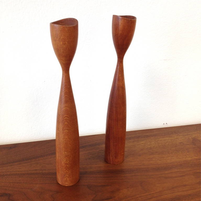 Pair of Danish Modern Teak Candlesticks In Excellent Condition In Long Beach, CA