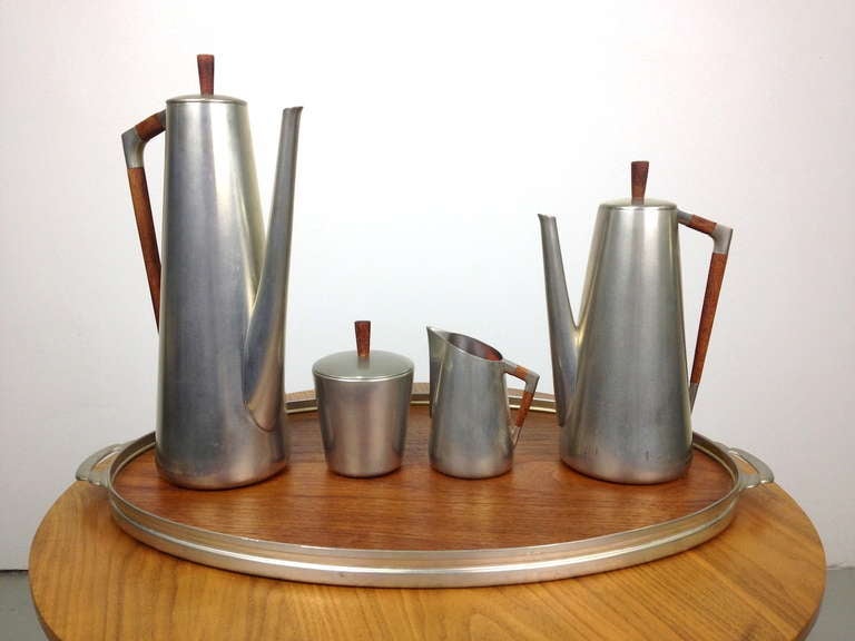 Danish Modern 5 Pc. Royal Holland Pewter Tea or Coffee Set  Minor surface patina as pictured.