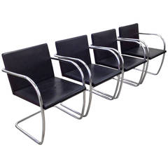 Set of Four Knoll Black Leather Tubular Chrome Brno Chairs by Mies van der Rohe