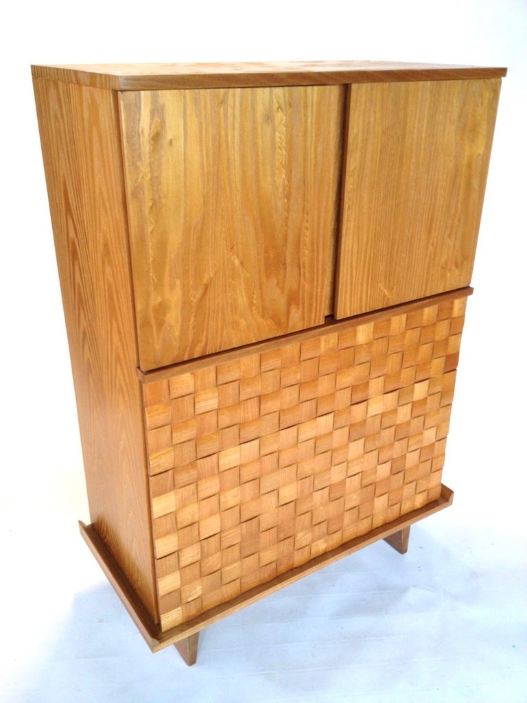 Paul Laszlo Basket Weave Gentlemans Chest for Brown Saltman.  Features 3 pull out shelves in the top section and 3 drawers below for additional concealed storage.  This piece has been completely refinished but does have 2 minor imperfections