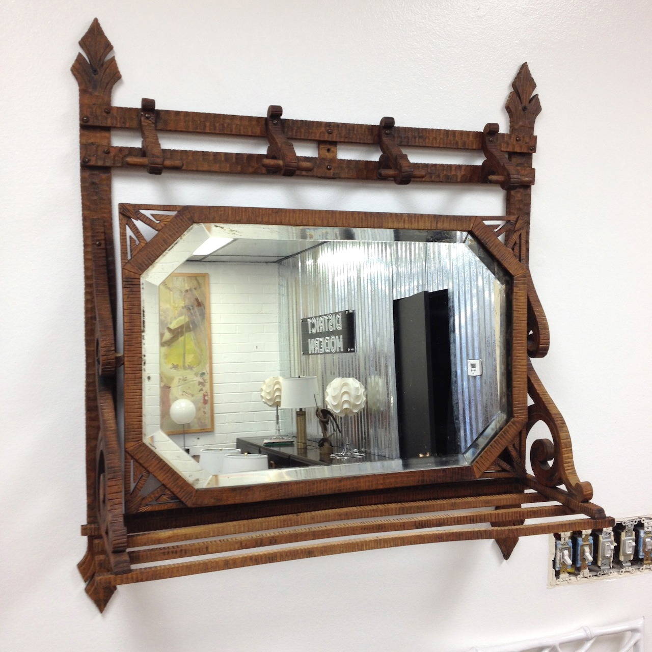 Unique Handcrafted Folk Art Swivel Wall Mirror and Hat Rack