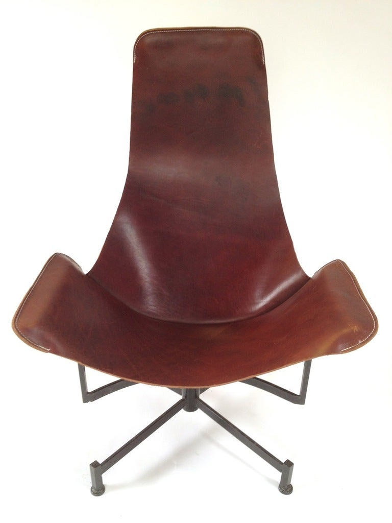 Iron and Leather Sling Lounge Chair by Max Gottschalk.  Some minor scratches and minor discoloration to leather as pictured.  